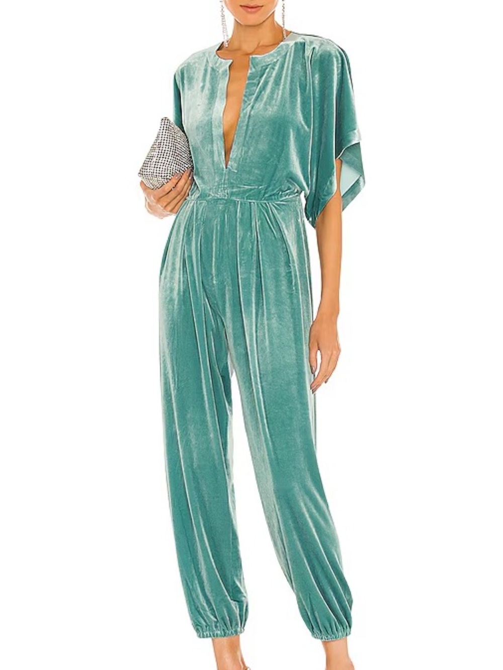 Norma Kamali Teal Velvet Plunge Jumpsuit with Dolman Sleeves